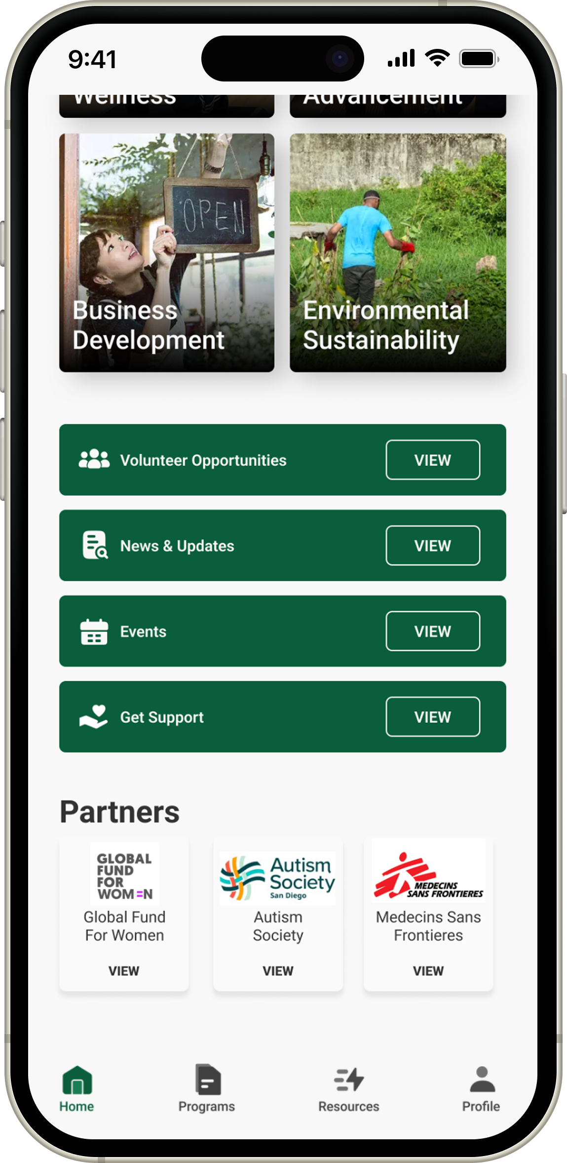 Program directory screen showing a list of available program areas and partner organizations.